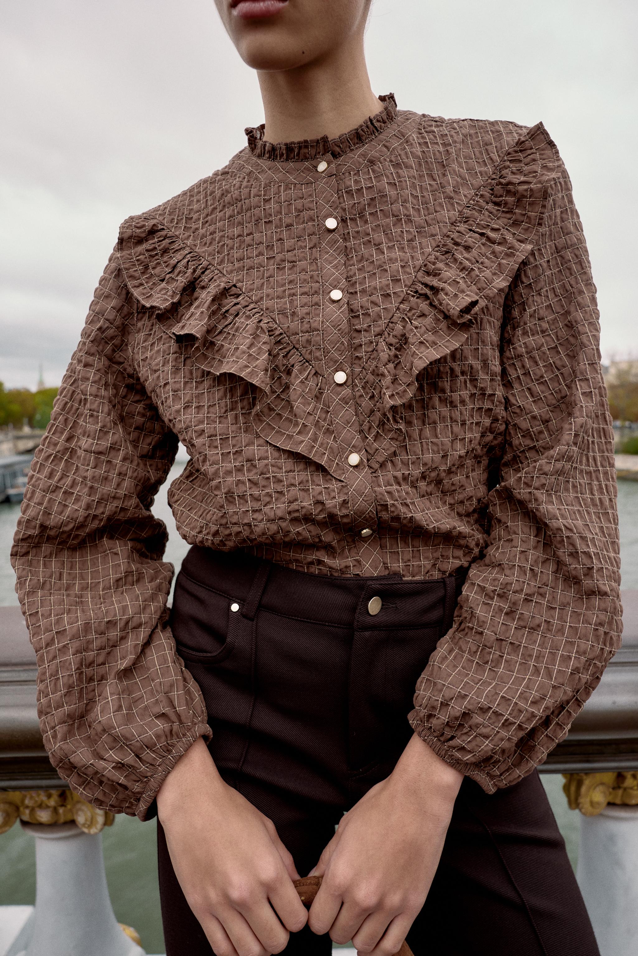 RUFFLED CHECK BLOUSE - Brown / Ecru | ZARA South Africa