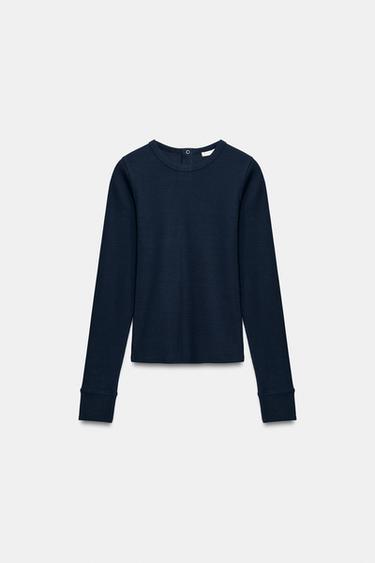 RIBBED T-SHIRT WITH SNAP BUTTONS - Navy blue by Zara - Image 0