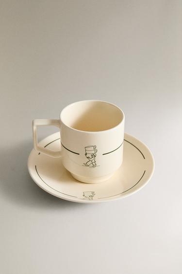 TASSE À CAFÉ ET ASSIETTE EN GRÈS CAFÉTÉRIA - Blanc / Vert de Zara - Image 1