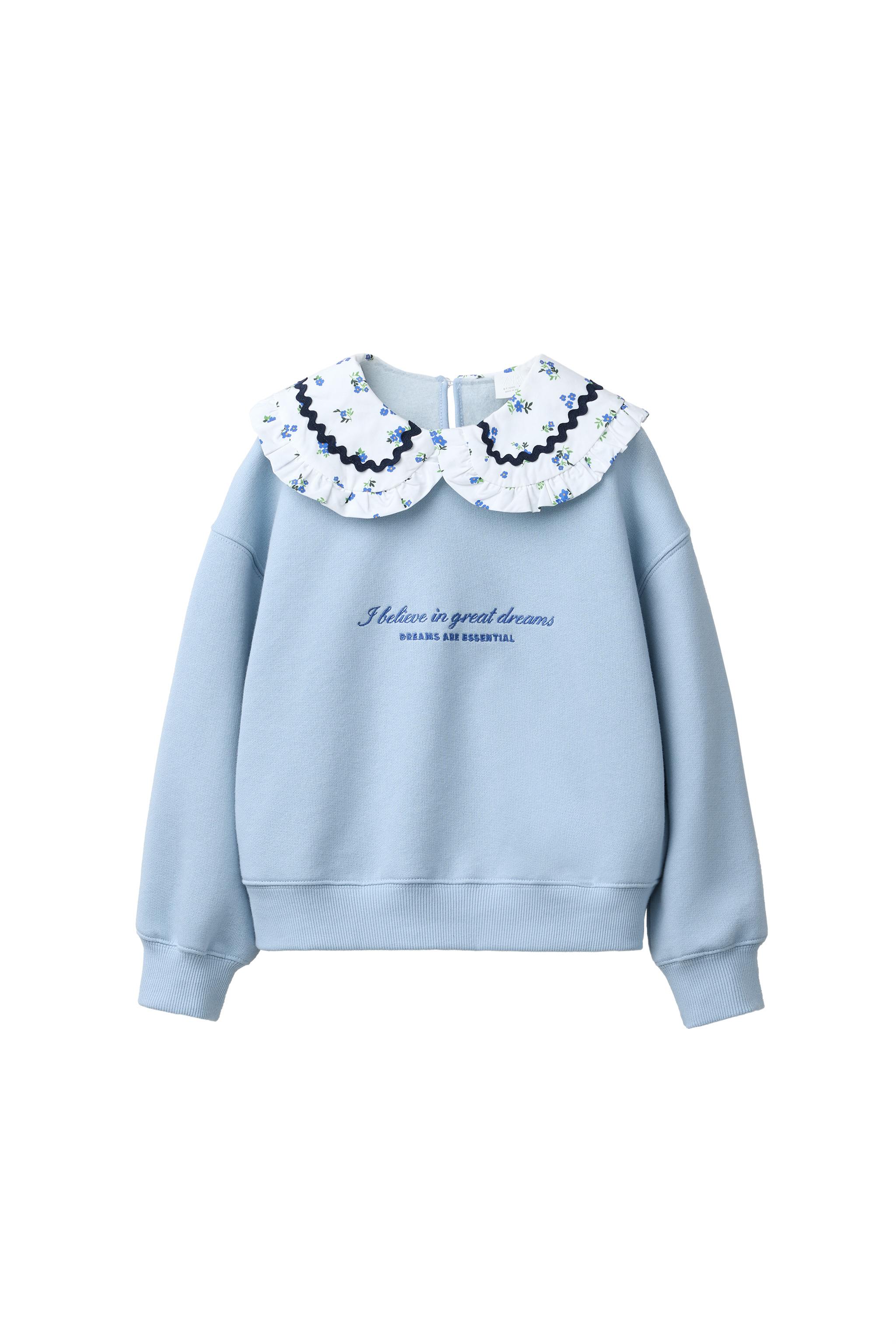 ピーターパンカラーフリル刺繍入りスウェットシャツ - 空色 | ZARA 