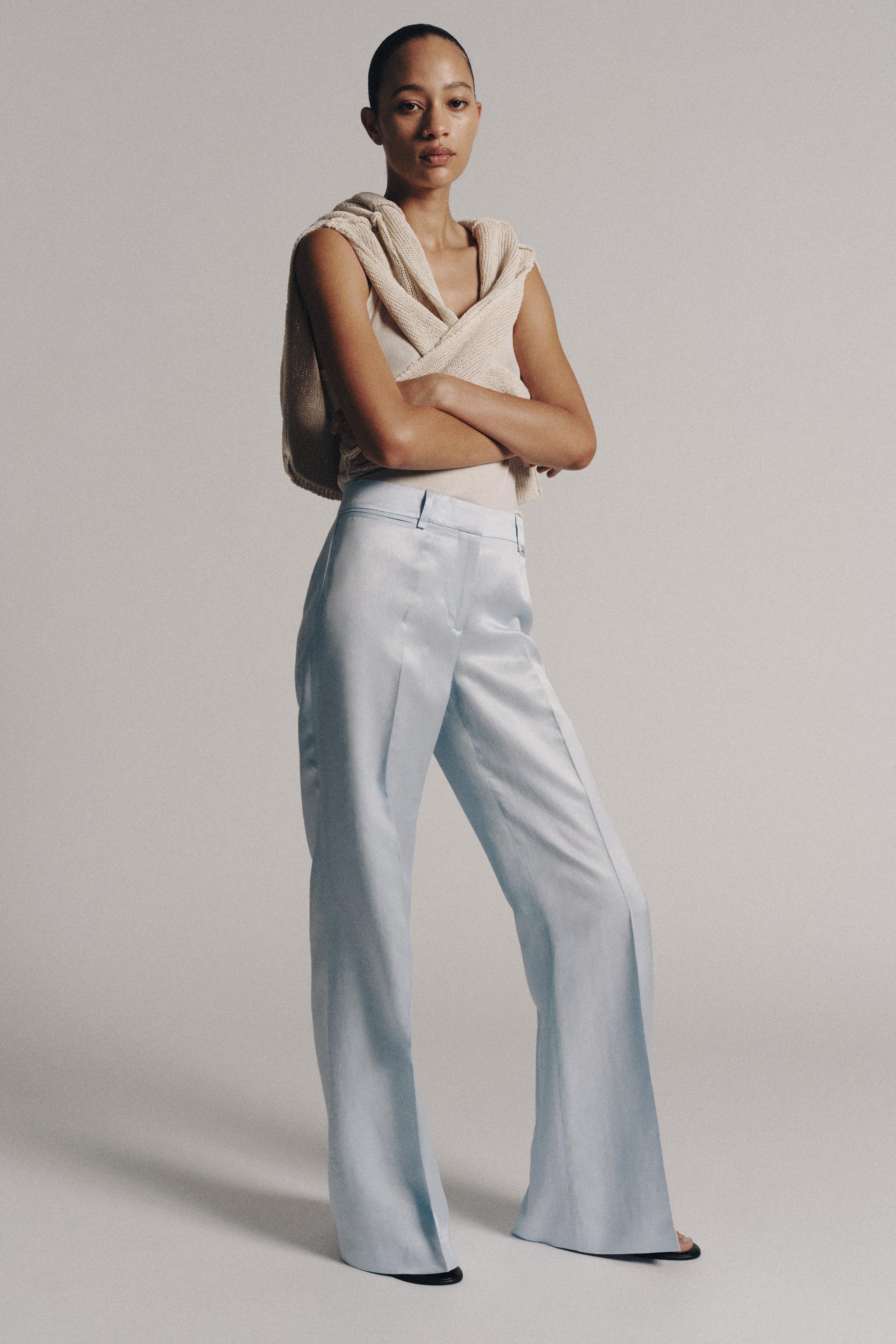 パンツ TROPICAL 1TUCK SLIM FLARE SLACKS 44 ZW COLLECTION FLARE LINEN PANTS - Light blue | ZARA United States
