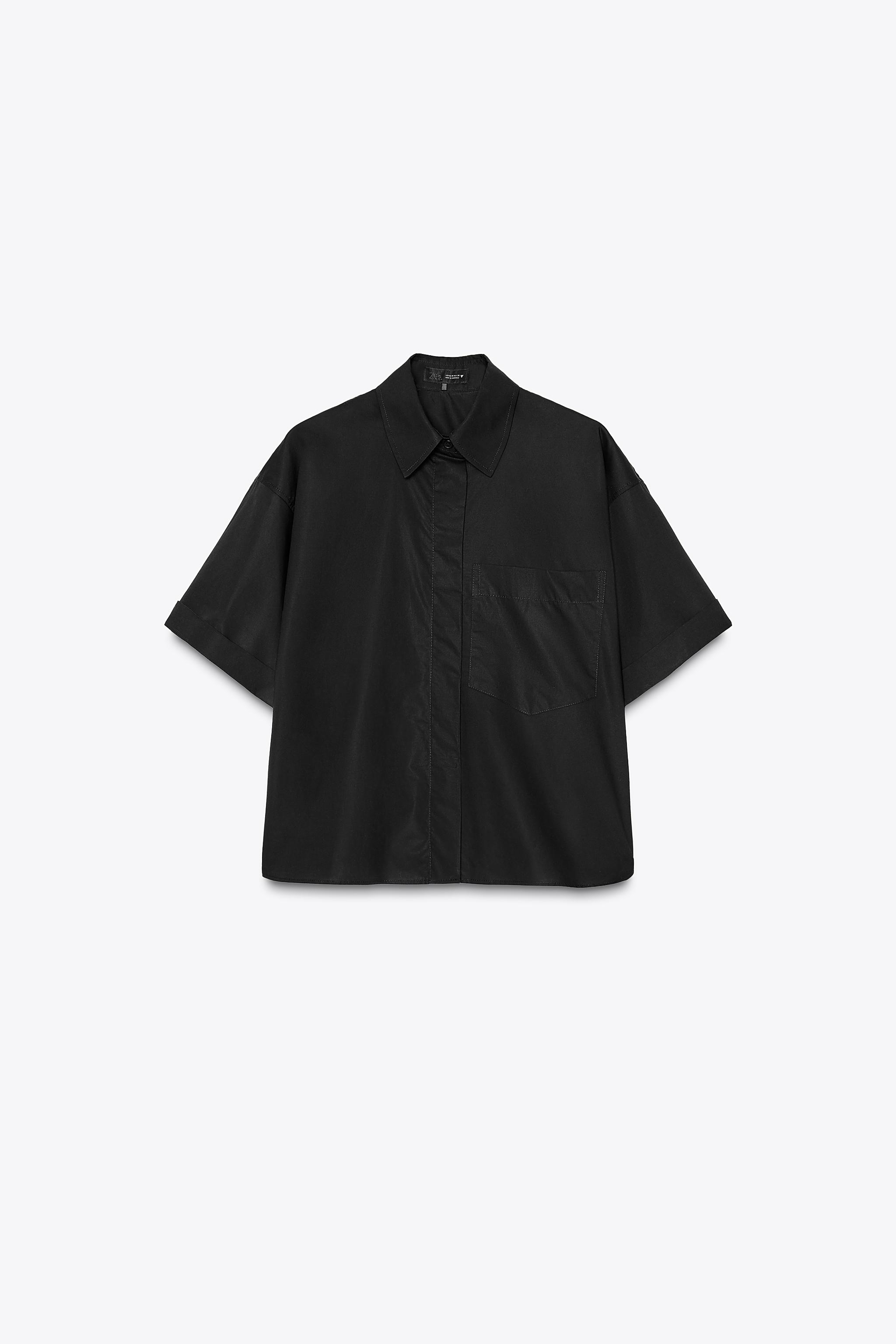【ZARA】コンビパッチTシャツ ブラック | 5584/470/800 POPLIN SHIRT WITH POCKET - Black | ZARA Australia