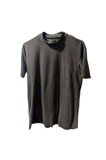 Dark gray short-sleeved, high-neck T-shirt on a white background. The text ZARA MAN appears on the inner collar label.