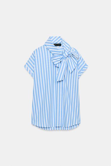Zara BOW NECK STRIPED SHIRT - Blue / White