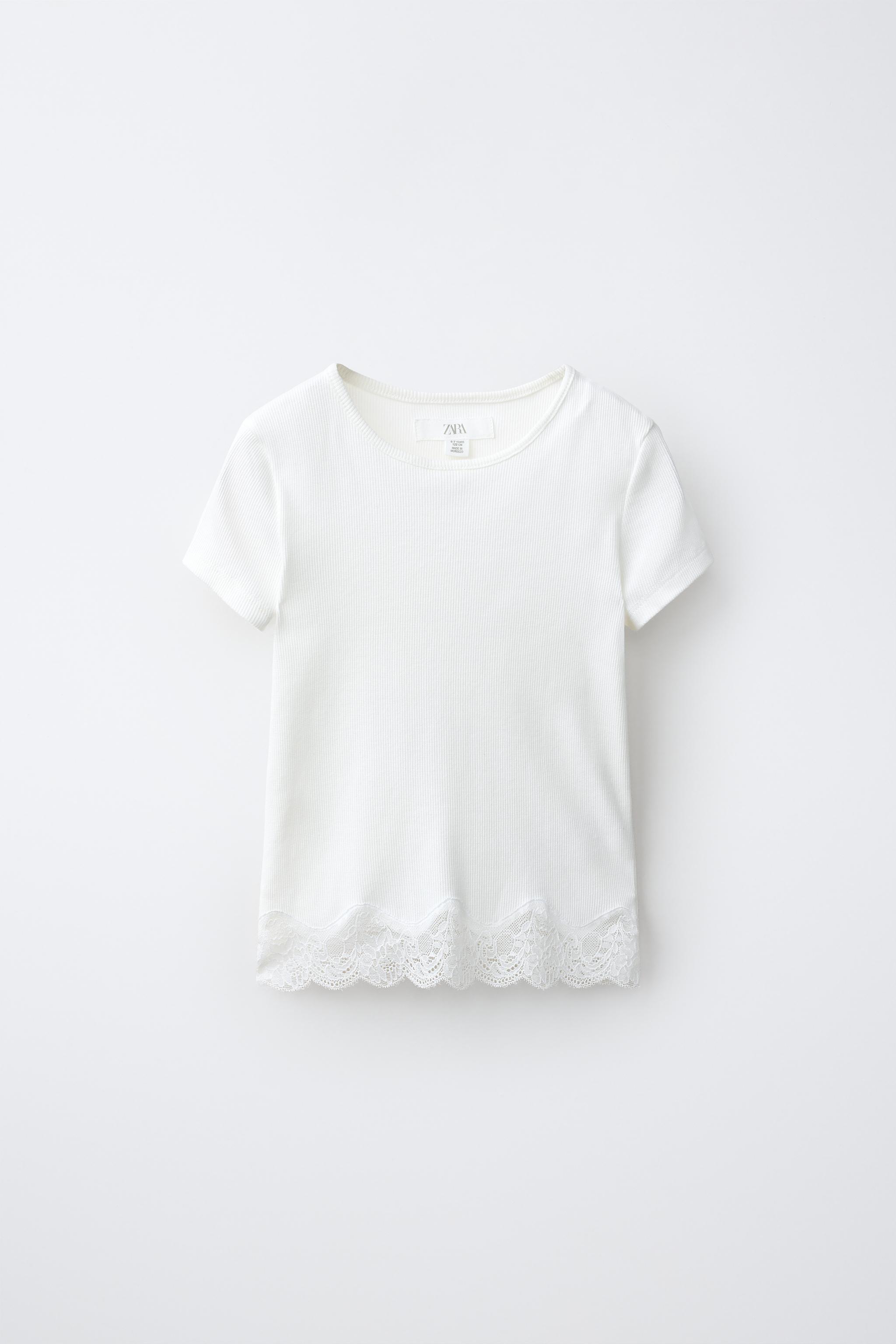 RIBBED LACE T-SHIRT - Oyster-white | ZARA Curaçao / Curazao