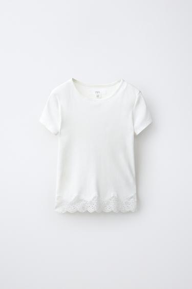 RIBBED LACE T-SHIRT - Oyster-white by Zara