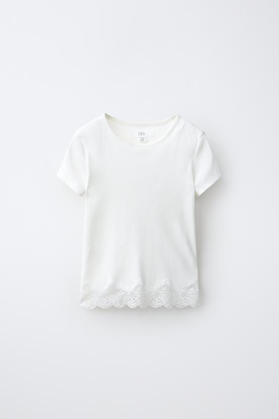 CAMISETA RIB ENCAJE - Blanco roto de Zara - Imagen 0