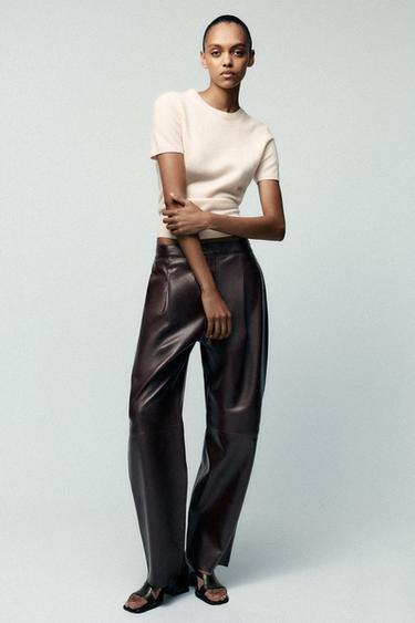 ZW COLLECTION LIMITED EDITION 100% LEATHER BALLOON TROUSERS - Burgundy by Zara