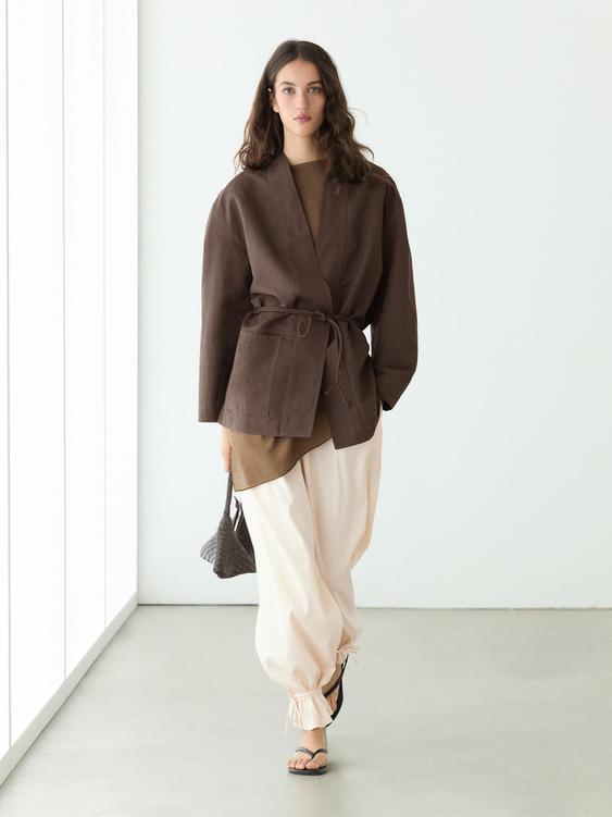 Linen blend kimono jacket with tie detail from Zara - $220