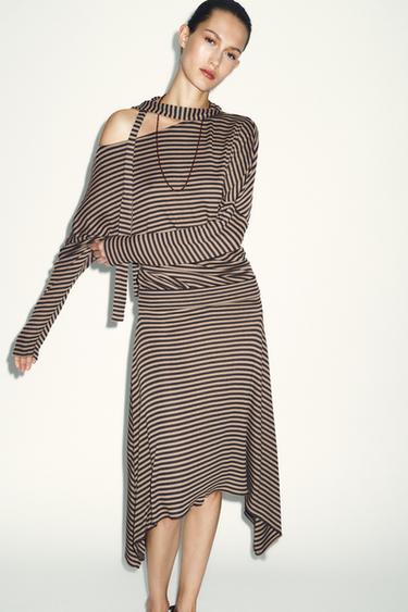 Zara ASYMMETRIC STRIPED SKIRT - Brown / Ecru