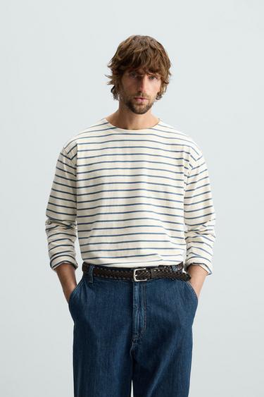 STRIPED JACQUARD T-SHIRT - Ecru / Blue by Zara