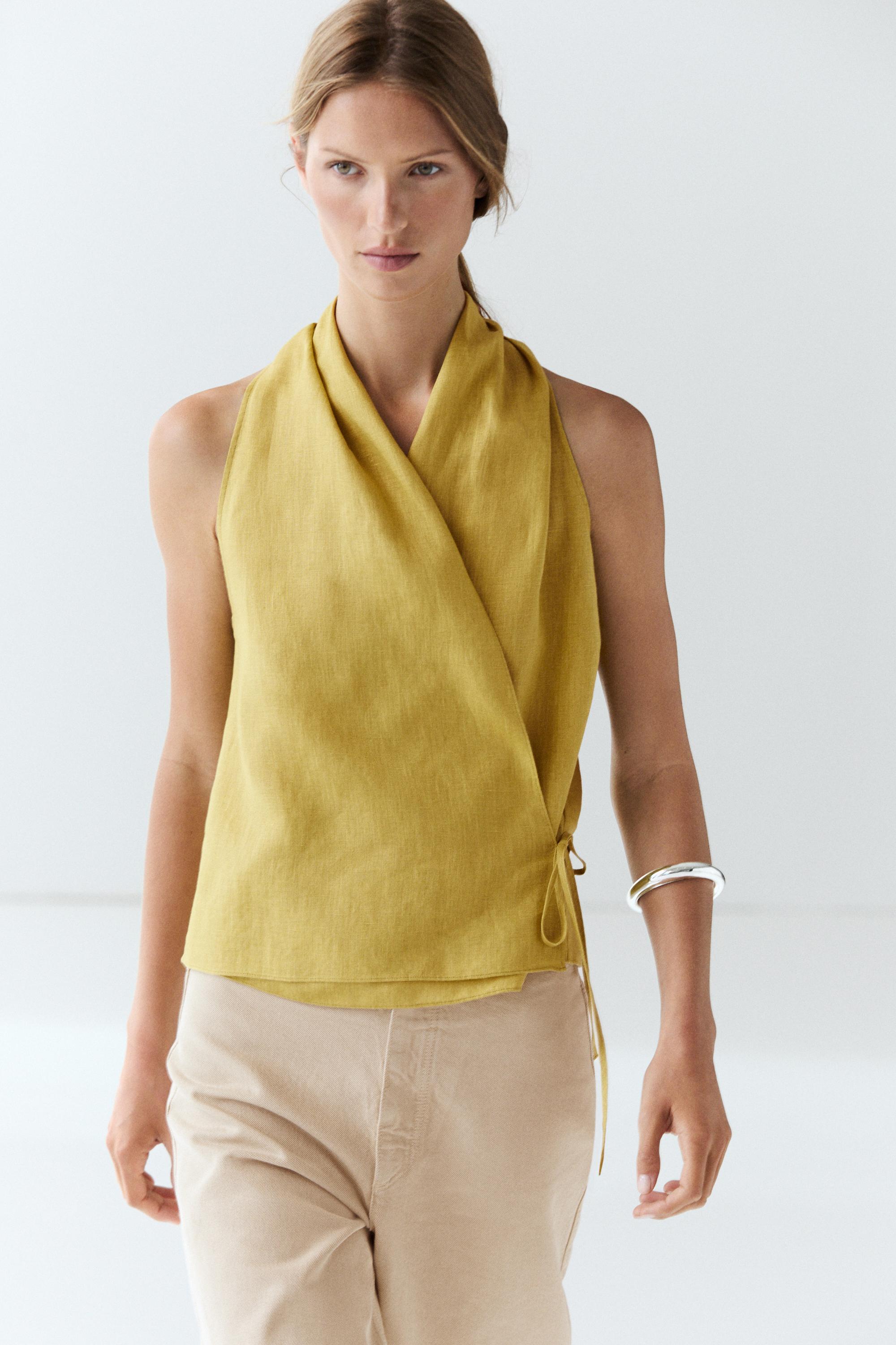 100% linen crossover halter top — Lime green