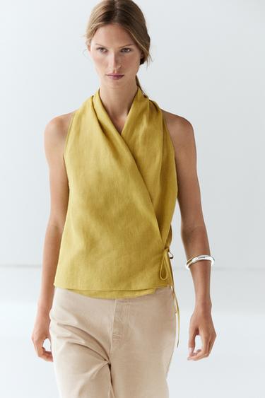 Zara 100% linen crossover halter top - Lime green