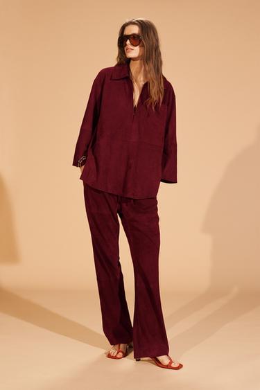 Zara LIMITED EDITION SUEDE LEATHER POCKET SHIRT - Burgundy