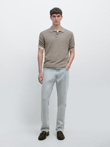 Zara Short sleeve cotton and linen blend knit polo shirt - Light khaki