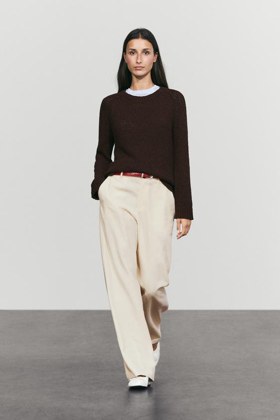 Zara Cotton-blend boat-neck knit sweater - Brown - Image 0