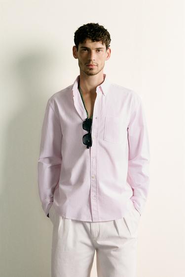 Zara REGULAR FIT TEXTURED OXFORD SHIRT - Pink / White