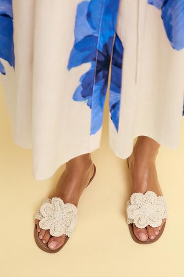 CROCHET BOW FLAT SANDALS - Ecru by Zara - Image 0