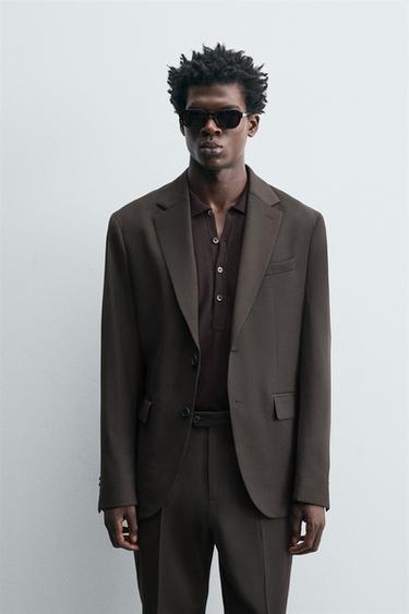Zara 100% WOOL SUIT BLAZER - Brown
