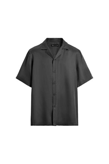 Dark gray short-sleeve shirt with a notched collar and front buttons on a white background. Inner label zara.