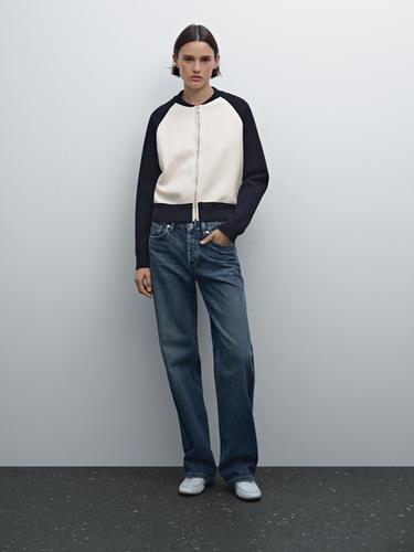 Zara Contrast cotton blend bomber cardigan - Navy blue - Image 0