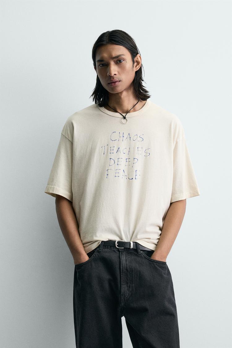 ZARA FADED MARKER-EFFECT SLOGAN T-SHIRT