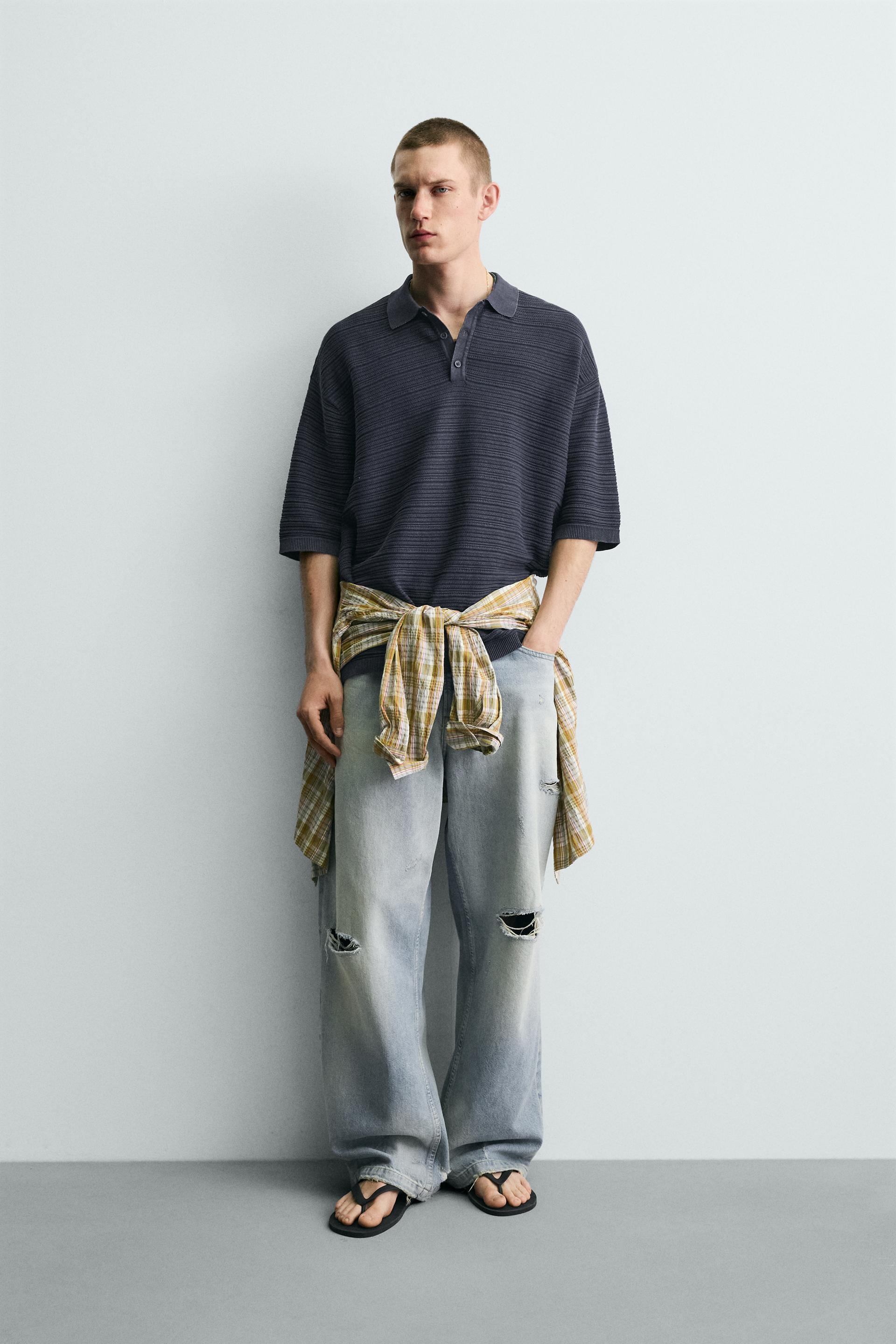 Washed Textured Relaxed Fit Knit Polo Shirt