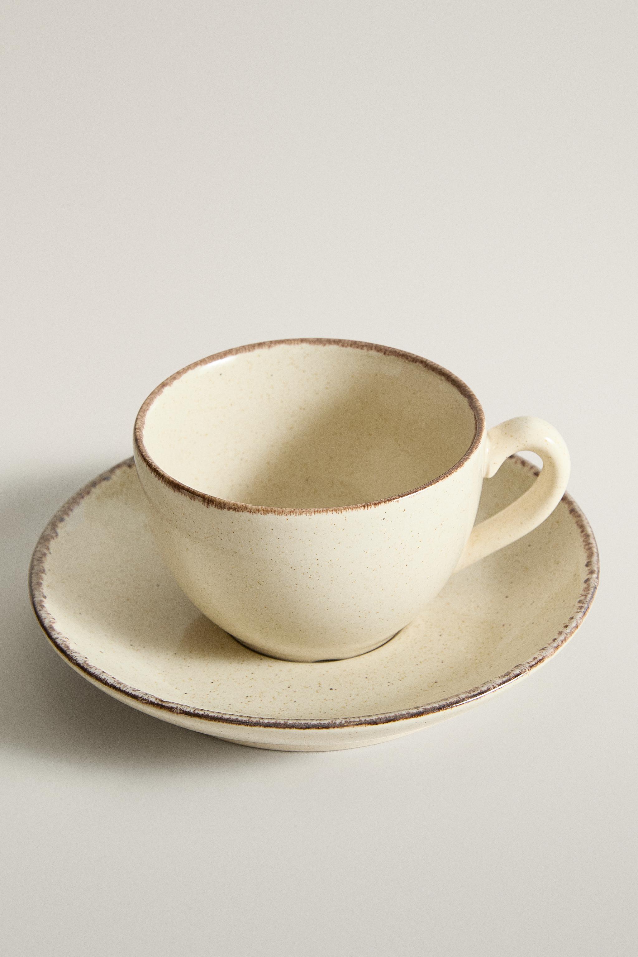 TASSE À THÉ ET SOUCOUPE GRÈS BORD VIEILLI