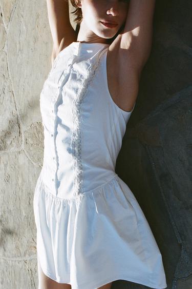 VESTIDO POPELÍN ENCAJE - Blanco de Zara