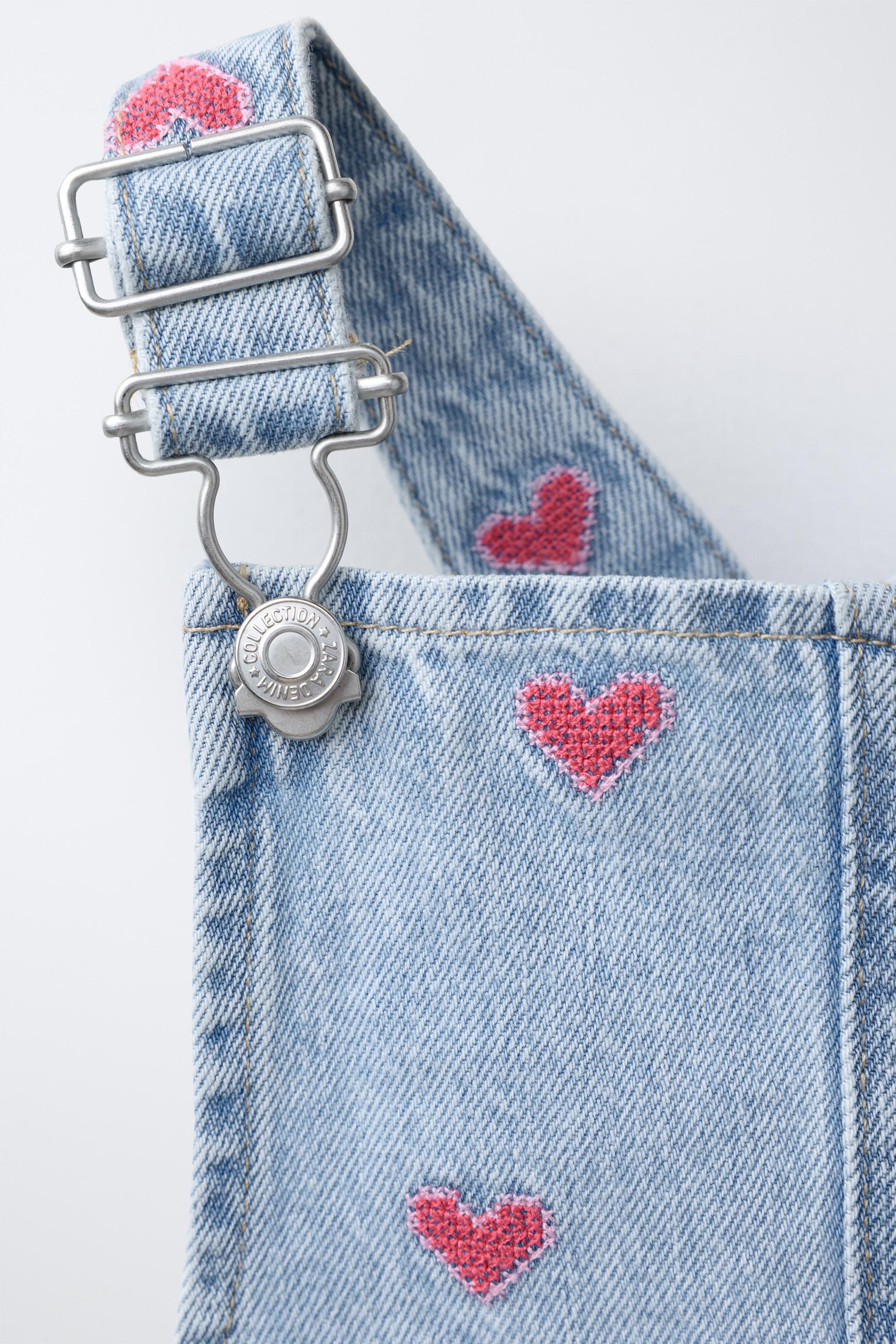 ハート刺繍デニムショートオーバーオール - ブルー | ZARA Japan / 日本
