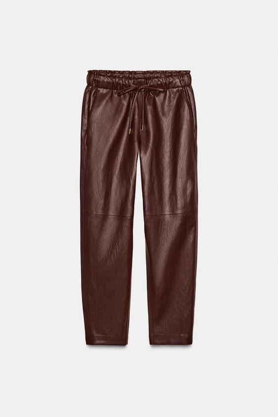 FAUX LEATHER TROUSERS WITH ELASTIC WAIST - Burgundy by Zara - Image 0