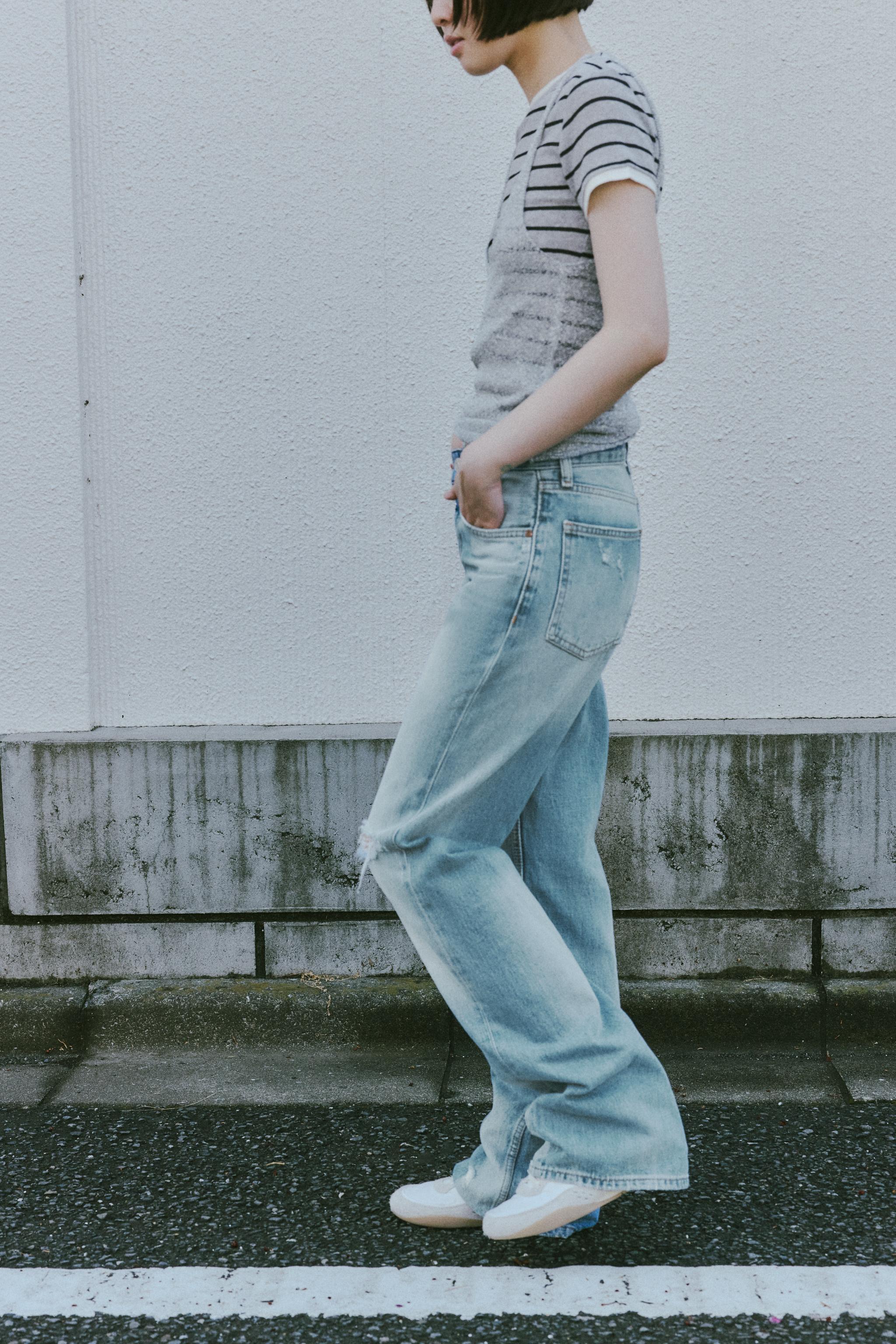 ZARAザラダメージパールビーズ付きハイライズジーンズ ZARA パールビーズ ストレート ハイライズ デニムパンツ