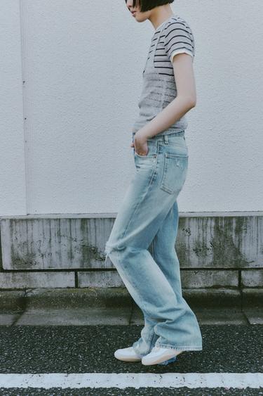 TRF RIPPED WIDE-LEG MID-WAIST JEANS - Blue by Zara