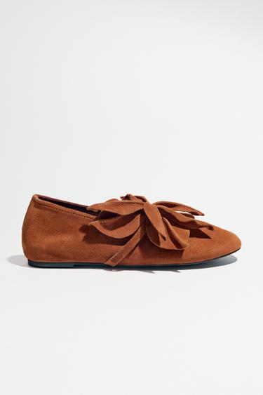 LEATHER FLOWER BALLERINAS - Dark tan by Zara