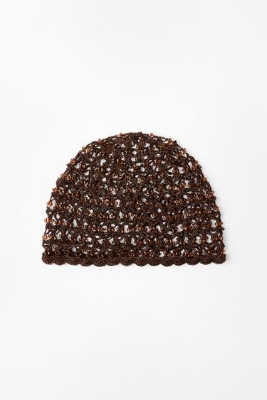 Zara CROCHET BEADED SKULLCAP - Brown