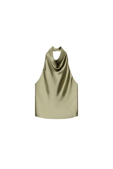 SATIN HALTER TOP - Light khaki by Zara