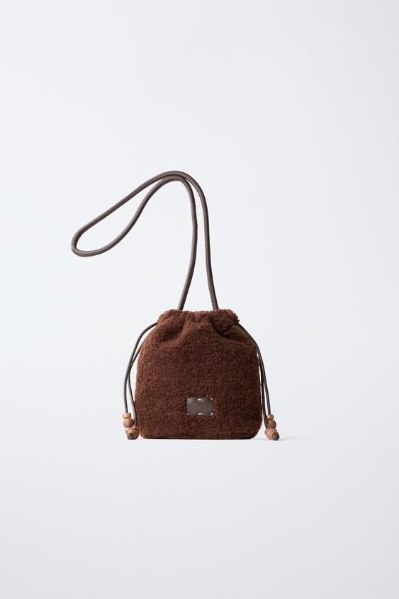 FAUX SHEARLING BEAD BUCKET BAG - Brown by Zara - Image 0