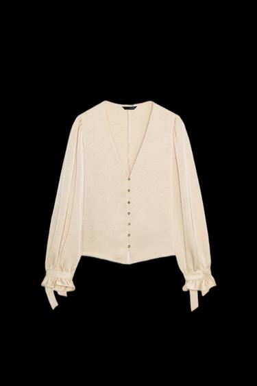 Zara WRINKLE EFFECT FITTED BLOUSE - Ecru - Image 0