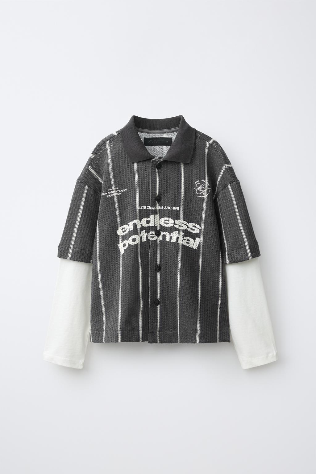 TEXTURED DOUBLE LONG SLEEVE STRIPED SLOGAN SHIRT