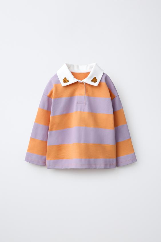 STRIPED BEAR EMBROIDERED POLO SWEATSHIRT - Light lilac by Zara - Image 0