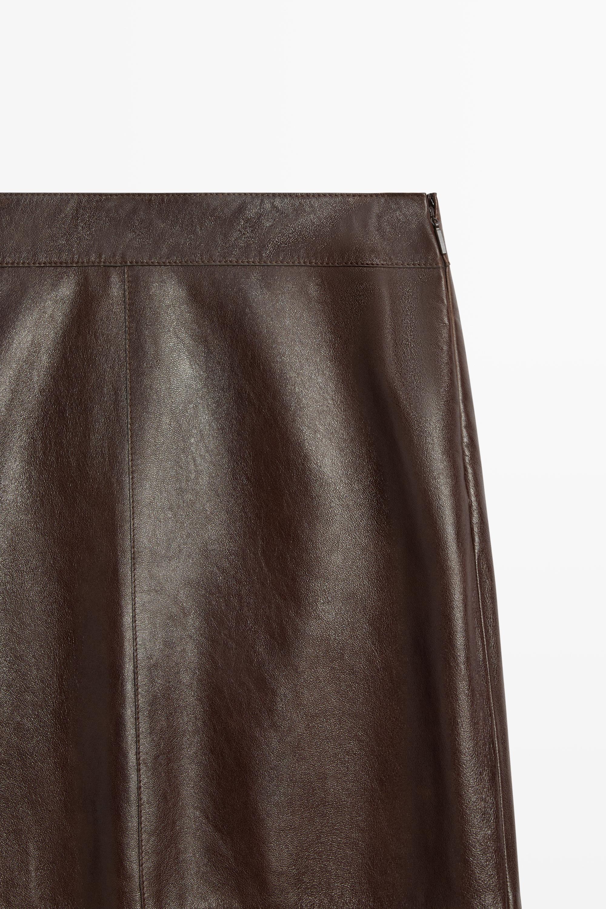 Straight nappa leather midi skirt with seams