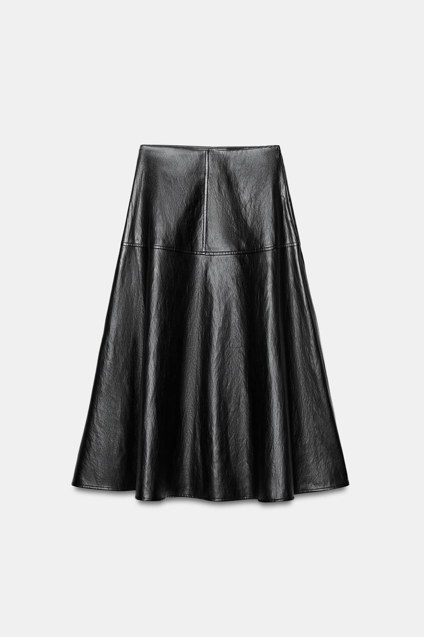 Женская юбка Zara Faux Leather A-LINE MIDI, цвет: Чёрный — фото 8