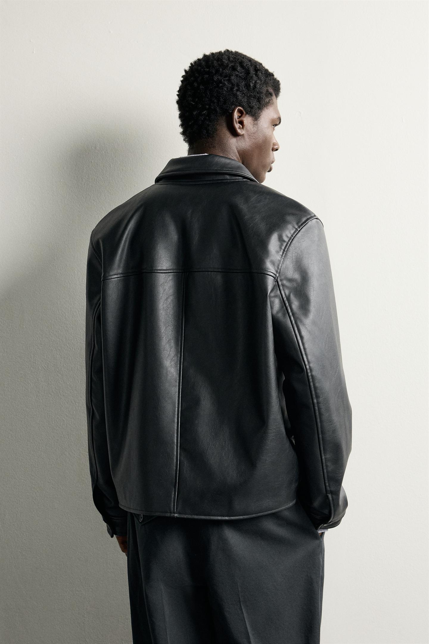 Мужская куртка Zara Regular Fit Faux-Leather-Effect, цвет: Чёрный — фото 3