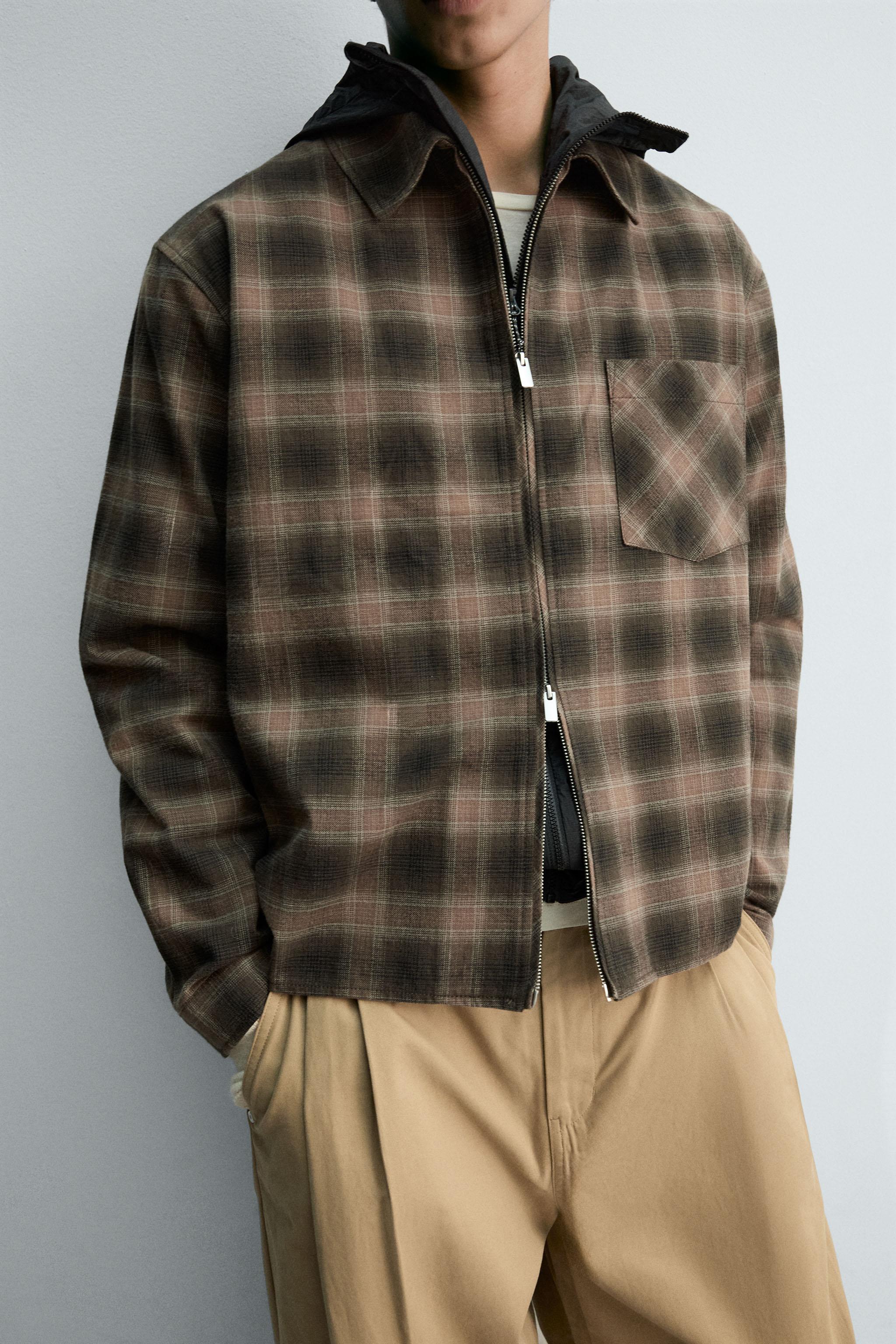 mfpen ブラウン チェック柄 ジップアップジャケット ジップアップチェック柄シャツジャケット - ブラウン | ZARA