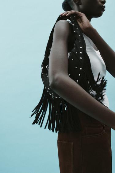 Zara OVAL FRINGED STUDDED BAG - Black