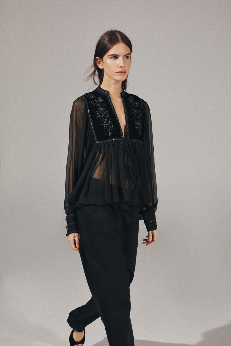 Blusa combinada terciopelo lentejuelas