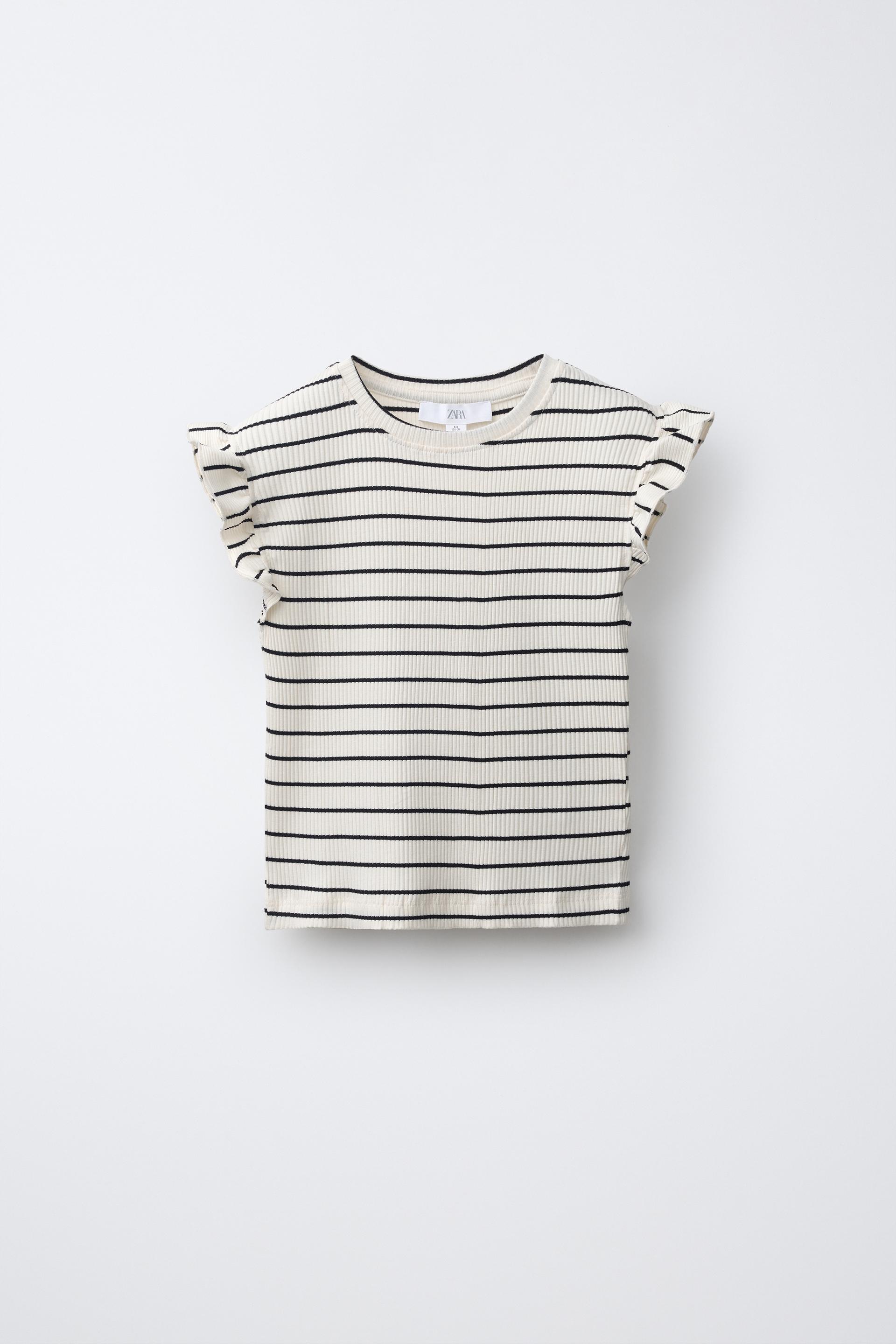 Striped Ribbed T-Shirt With Ruffle