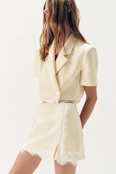 LACE TRIM CROPPED BLAZER - Yellow by Zara - Image 5