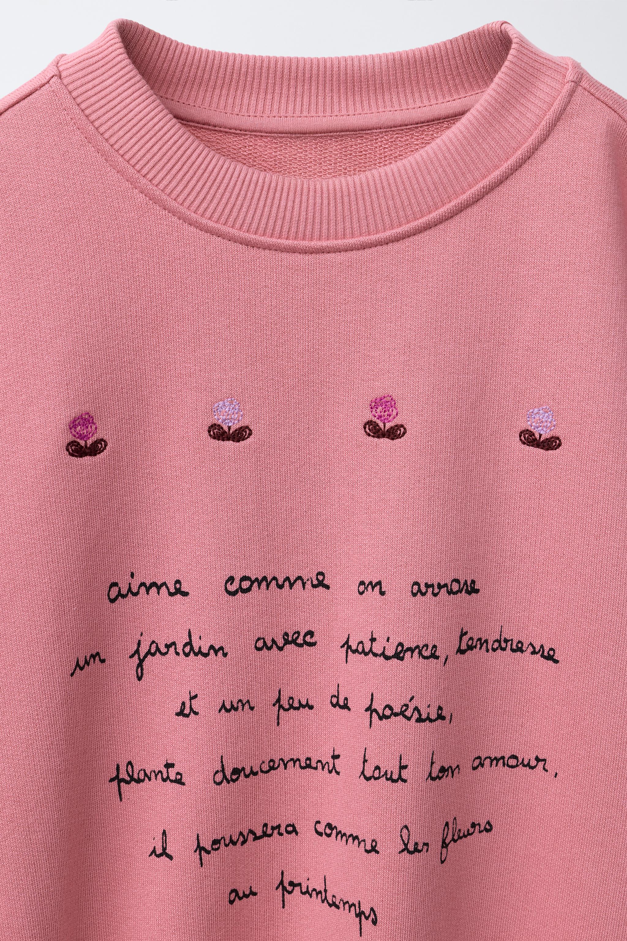 TEXT AND FLORAL EMBROIDERY SWEATSHIRT - Pink | ZARA United