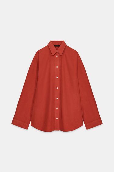 Zara WASHED POPLIN OVERSIZED SHIRT - Dark red